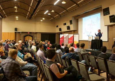 Seth Lloyd speaks about teleportation, time travel and escape from black holes at the Annual Quantum Public Lecture on Nov. 18, 2015. Photo by Dave Brown, University of Calgary
