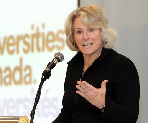 Elizabeth Cannon, president of the University of Calgary, giving her inaugural speech at Universities Canada membership meeting.